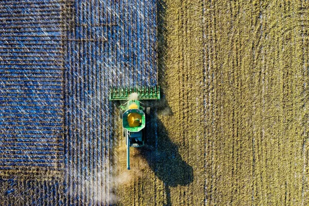 Combine harvester working across an agricultural field