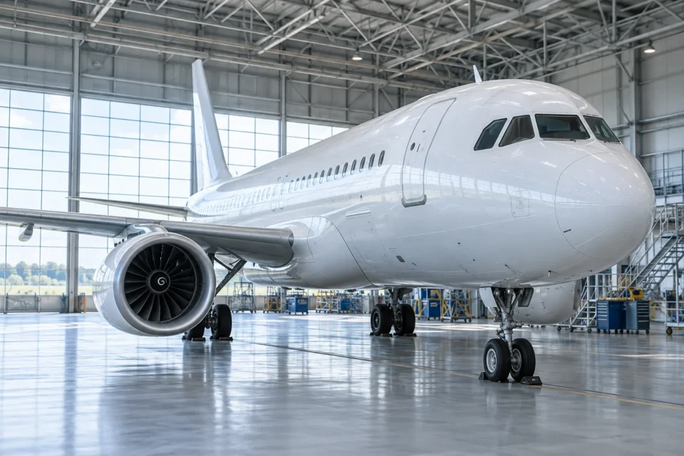Illustration of a civil passenger aircraft with a visible engine and wing in an engineering hangar
